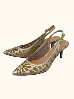 J. Renée Dressy Gold Slingback Kitten Heels Laser Cut Leather Mesh Pumps Size 8M